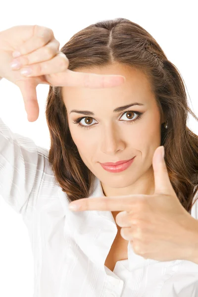 Kobieta kształtowaniu jej twarz rękami, na białym tle — Zdjęcie stockowe
