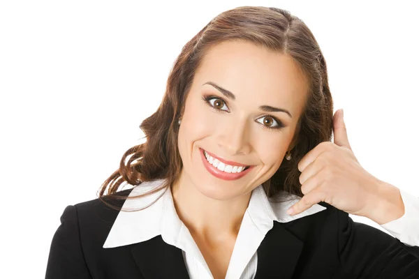 Businesswoman with call me gesture, on white Stock Picture