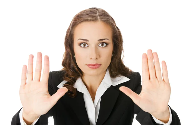 Businesswoman with stop gesture, on white Royalty Free Stock Images