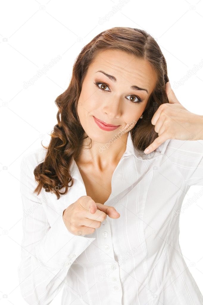 Businesswoman with call me gesture, on white
