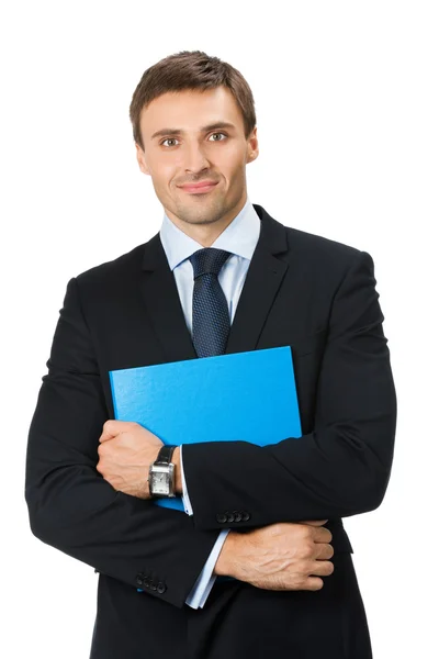 Uomo d'affari con cartella, su bianco — Foto Stock