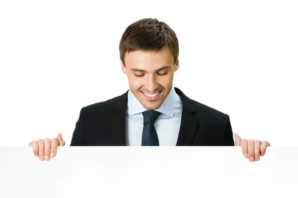 Empresário mostrando tabuleta em branco, isolado — Fotografia de Stock