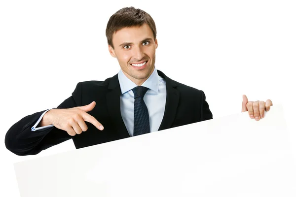 Businessman showing blank signboard, isolated Royalty Free Stock Images