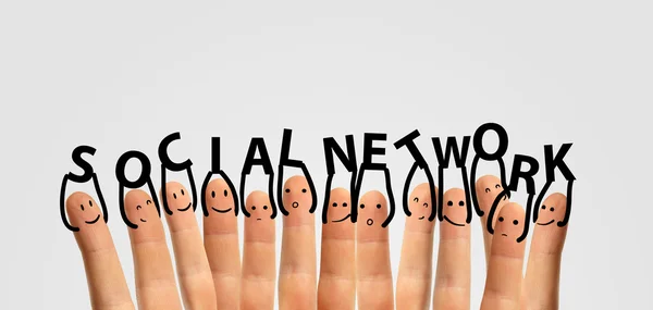 Feliz grupo de emoticonos de dedo con el signo de chat social y burbujas de voz, iconos . —  Fotos de Stock
