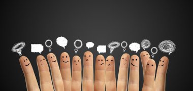 Happy group of finger smileys with social chat sign and speech bubbles. clipart