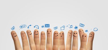 Happy group of finger smileys with social chat sign and speech bubbles. clipart