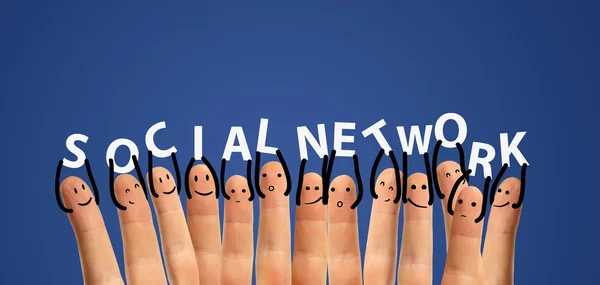 Feliz grupo de emoticonos de dedo con el signo de chat social y burbujas de voz, iconos . —  Fotos de Stock
