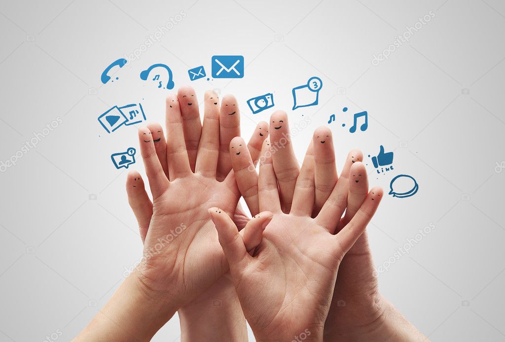 Happy group of finger smileys with social chat sign and speech bubbles.