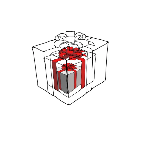 Vakantie geschenkdozen versierd met rood lint. — Stockfoto