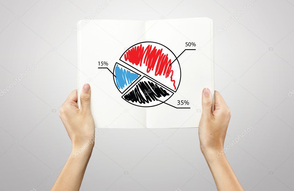 Female hands holding a white notebook with pie chart graph