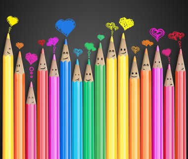 Group of coloured smiling pencils with love heart speech bubbles clipart