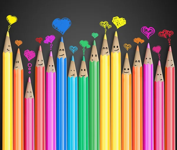Group of coloured smiling pencils with love heart speech bubbles — Stock Photo, Image