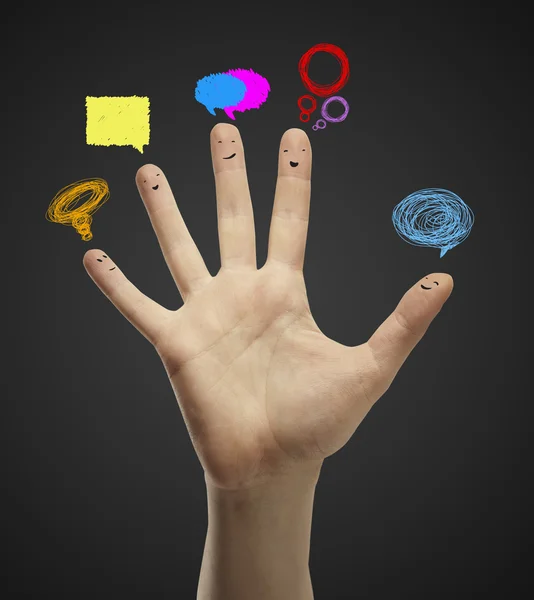 Ευτυχισμένη ομάδα δάχτυλο φατσούλες με φυσαλίδες σημάδι και ομιλία κοινωνική συνομιλίας — Φωτογραφία Αρχείου
