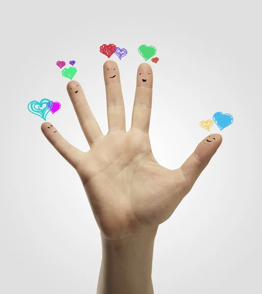 Grupp lycklig finger smileys med kärlek hjärtat pratbubblor — Stockfoto