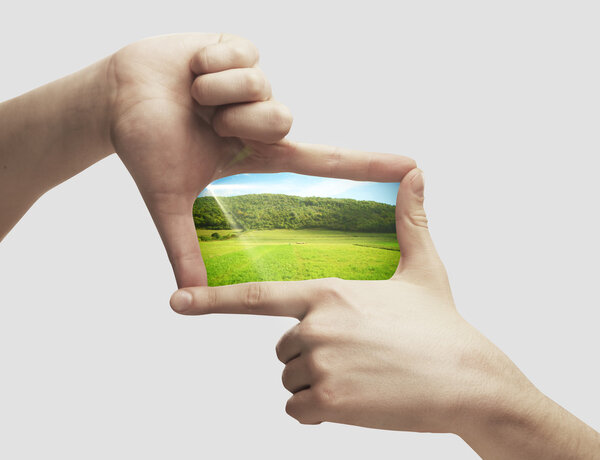 Photo of green field in hands.