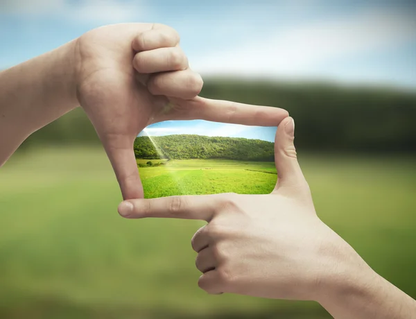Photo of green field in hands on background of nature. — Stock Photo, Image