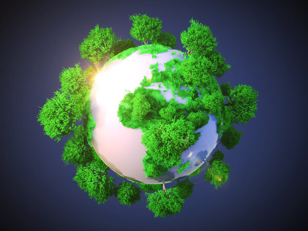 Model of Earth with oversized trees.