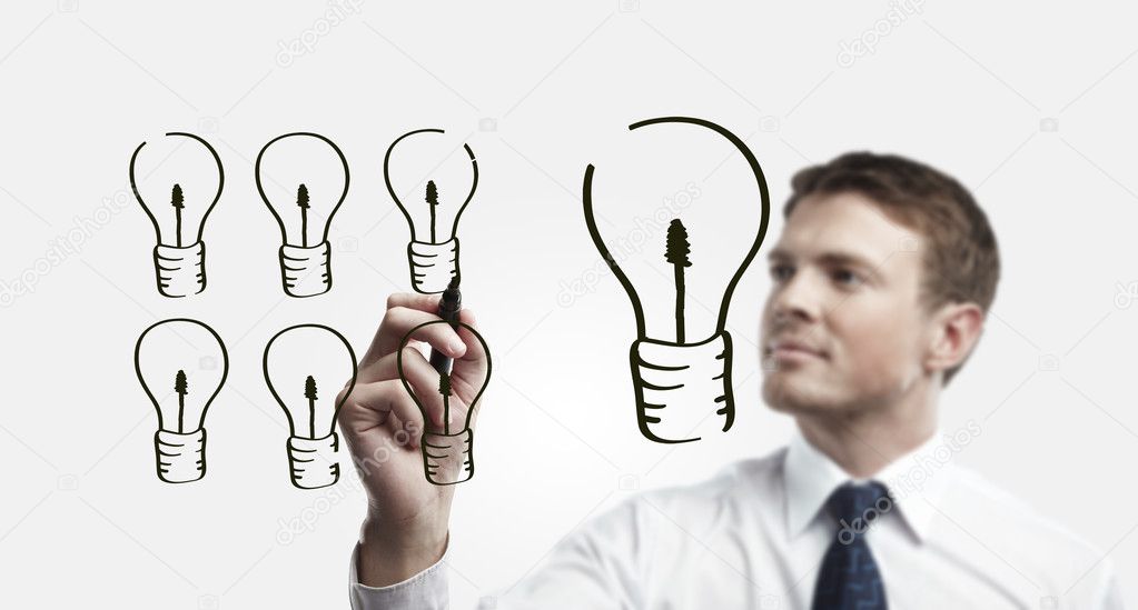 Young business man drawing many small light bulbs equal a big one.