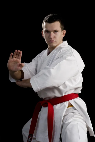 Kontrast Karate junger Kämpfer auf schwarz — Stockfoto
