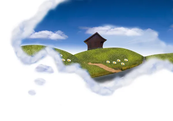 Ευτυχής όνειρο σύννεφο πεδίο με το εξοχικό σπίτι — Φωτογραφία Αρχείου