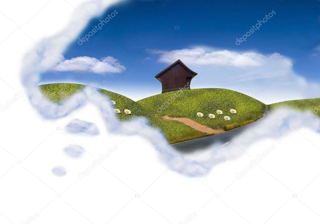 Happy dream cloud field with the cottage