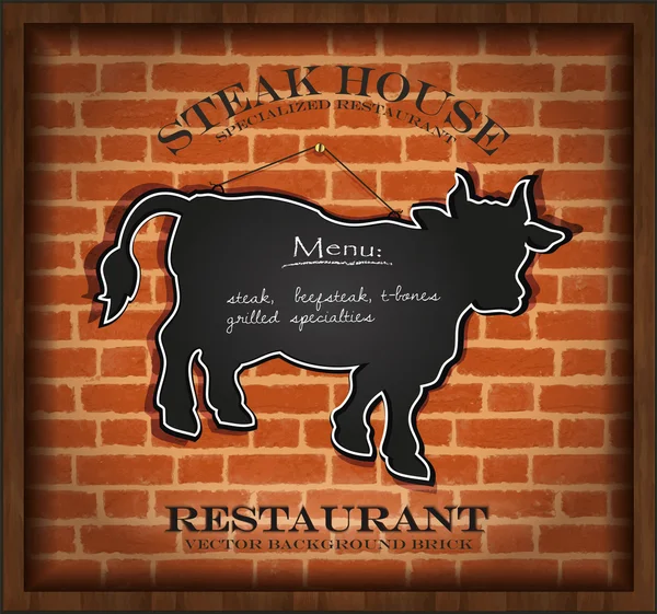 Vector pizarra vaca toro menú tarjeta ladrillo pared fondo restaurante — Vector de stock
