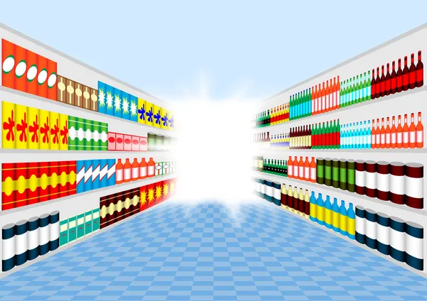 Perspectiva de los estantes del supermercado con luz al final del pasillo — Vector de stock