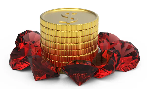 Moedas de ouro e pedras preciosas de rubi — Fotografia de Stock
