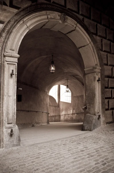 Hallway histórico no castelo velho em Krumlov Imagens De Bancos De Imagens