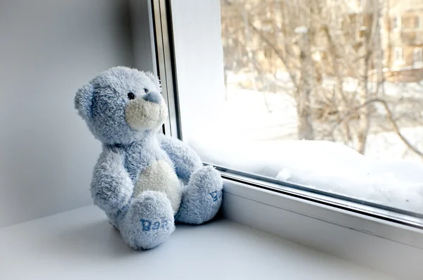 Plyšový medvěd sedící u okna Stock Snímky