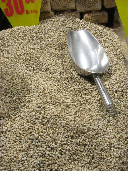 Grains of barley and spoon — Stock Photo, Image