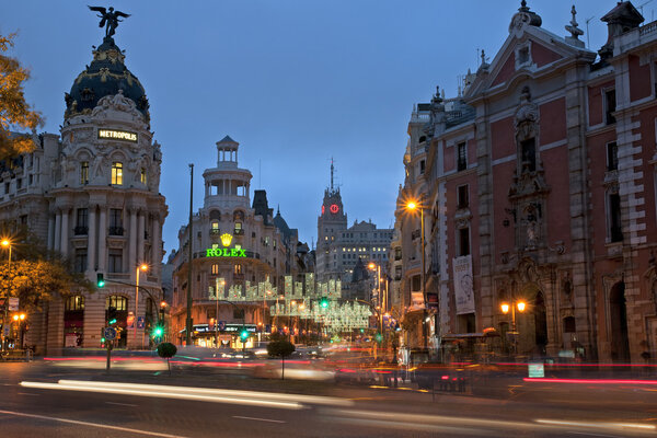 Urban landscape of the night in Madrid, Spain