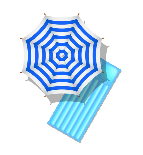 Blue and white striped beach umbrella and air mattress — Stock Vector