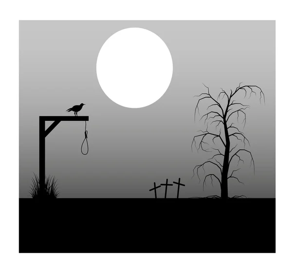 Spooky background with full moon lantern cemetery and the gallows — Stock Vector