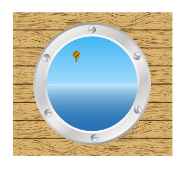 Sea and Hot air balloon in a silver ship window - porthole in a wooden wall clipart