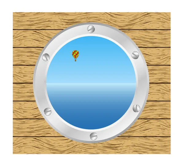 Sea and Hot air balloon in a silver ship window - porthole in a wooden wall — Stock Vector
