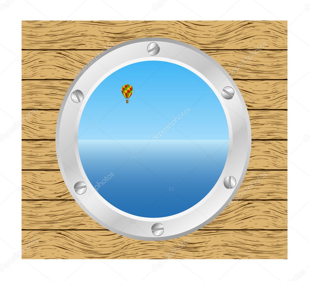 Sea and Hot air balloon in a silver ship window - porthole in a wooden wall