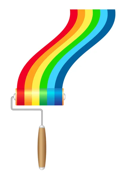 Pincel de rodillo de pintura con pintura arco iris — Vector de stock