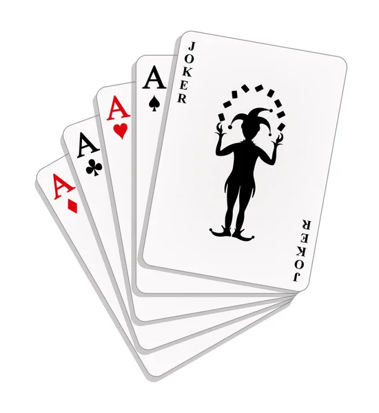 Hrací karty - čtyři esa a žolík — Stockový vektor