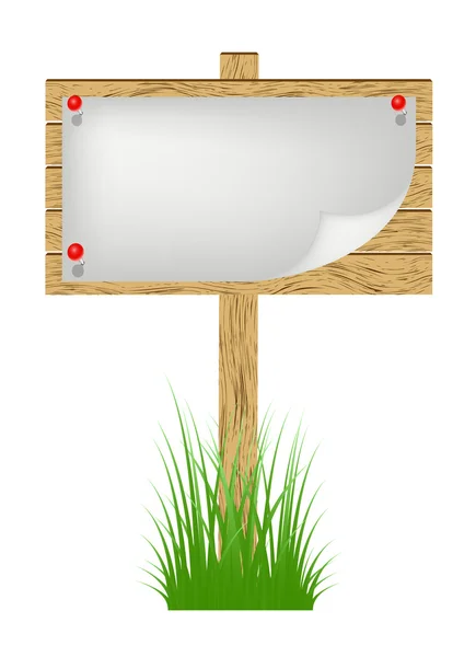 Cartelera de madera con hoja blanca de papel de pie en una hierba — Vector de stock
