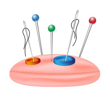 Pincushion with colored pinheads, needles and sewing buttons clipart