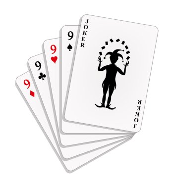 Playing cards - four nines and joker clipart