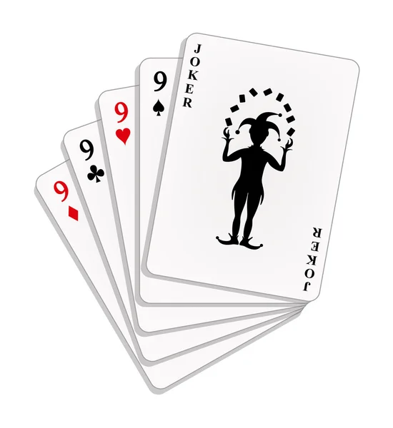 Jugar a las cartas - cuatro nueves y comodín — Vector de stock