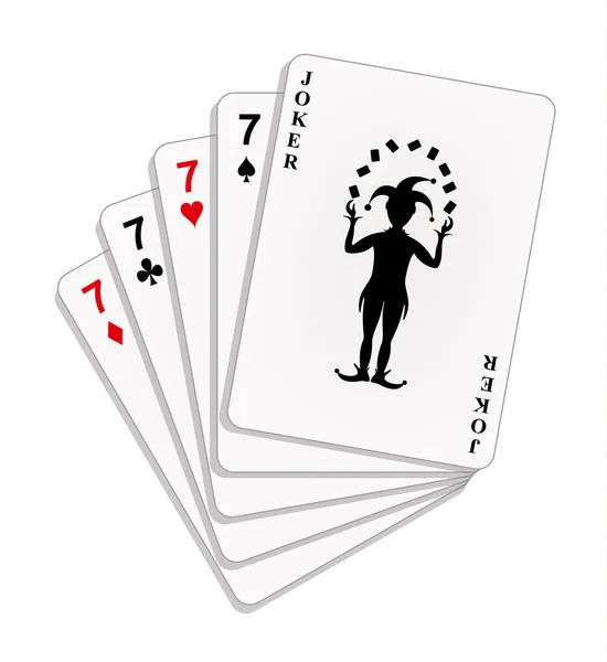 Hrací karty - čtyři sedmičky a joker — Stockový vektor