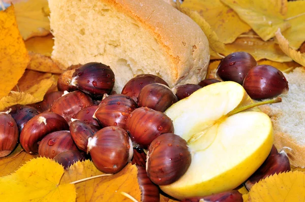 Natürmort kestane, elma ve ekmek — Stok fotoğraf