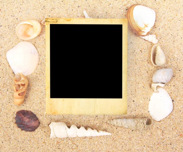 stock image Vintage photo frame and Sea Shell on sand