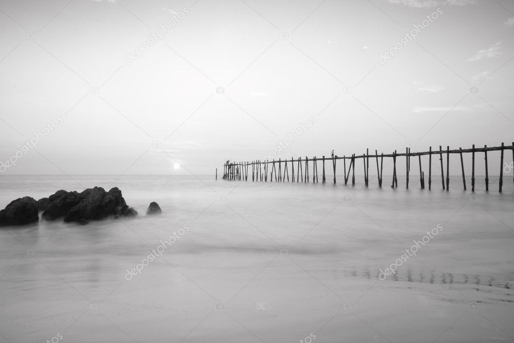 Black and white of wood bridge