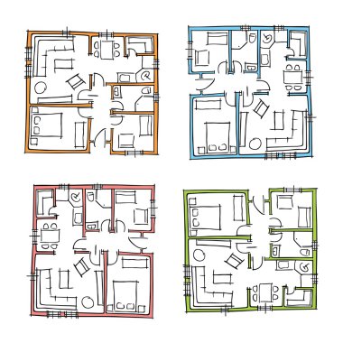 Sketchy set of ground floor blueprints clipart