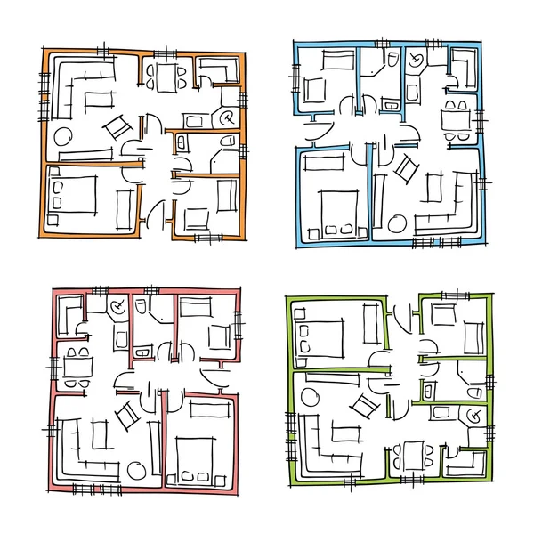 Sketchy set of ground floor blueprints — Stock Vector