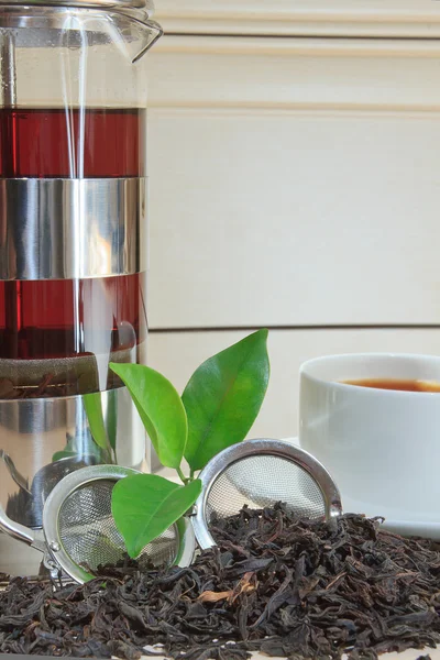Czarny żelazo azjatycki czajniczek z gałązek mięty do herbaty — Zdjęcie stockowe